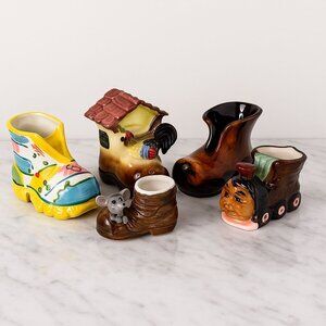 Vintage Ceramic Shoe Planter Lot Japan—Rooster Cottage, Mouse Boot, Train Boot